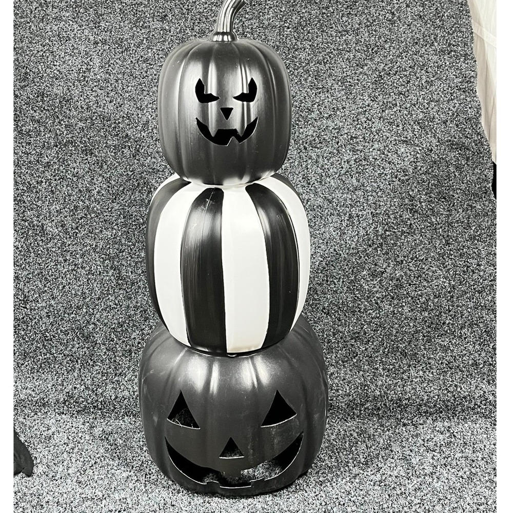 Halloween Stacking Pumpkins 24in Black White Striped Jack-O-Lantern Trio Decor